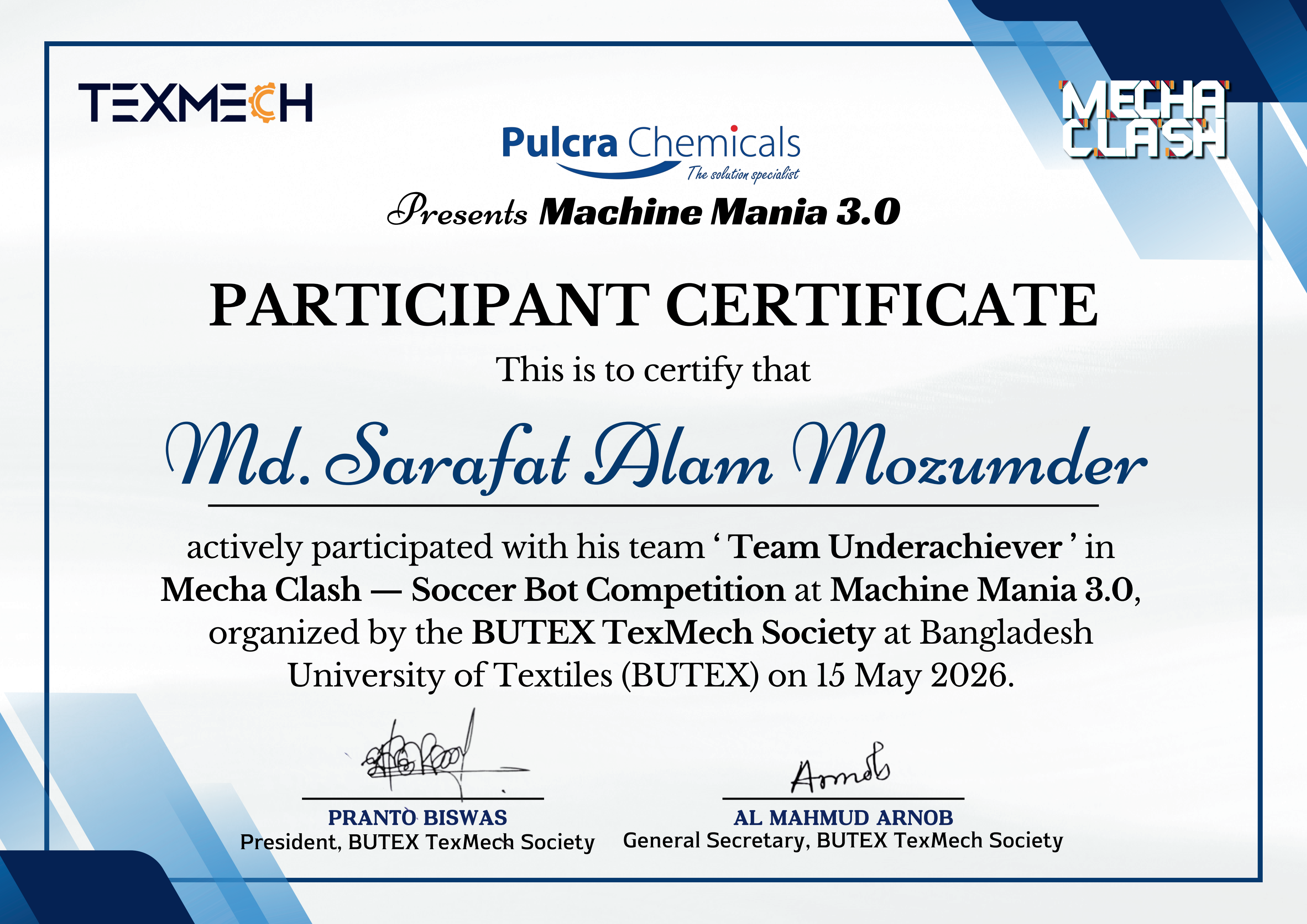 Participant Certificate in Mecha Clash Soccer Bot Competition at Machine Mania 3.0
